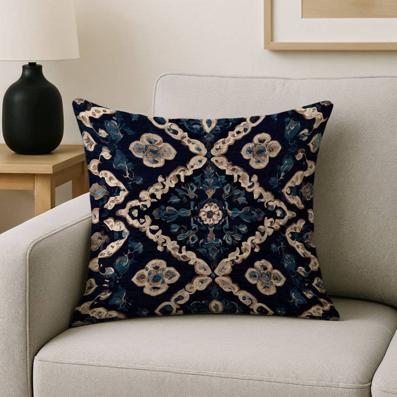 Coussin décoratif intérieur / extérieur gris Modern Modern, Carré 16 po, Gris / noir / bleu géométrique
