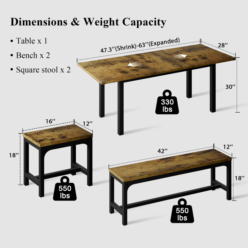 5-Piece Extendable Dining Table Set for 8, Wood Kitchen Dinner Table with Stools, Rustic Brown