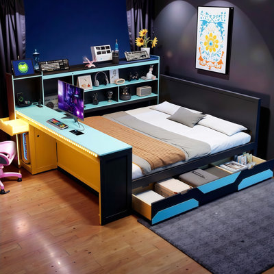 Queen Gaming Daybed with Built-in Desk, LED Lights, Charging Station & 3 Storage Drawers - Multi-Functional Design