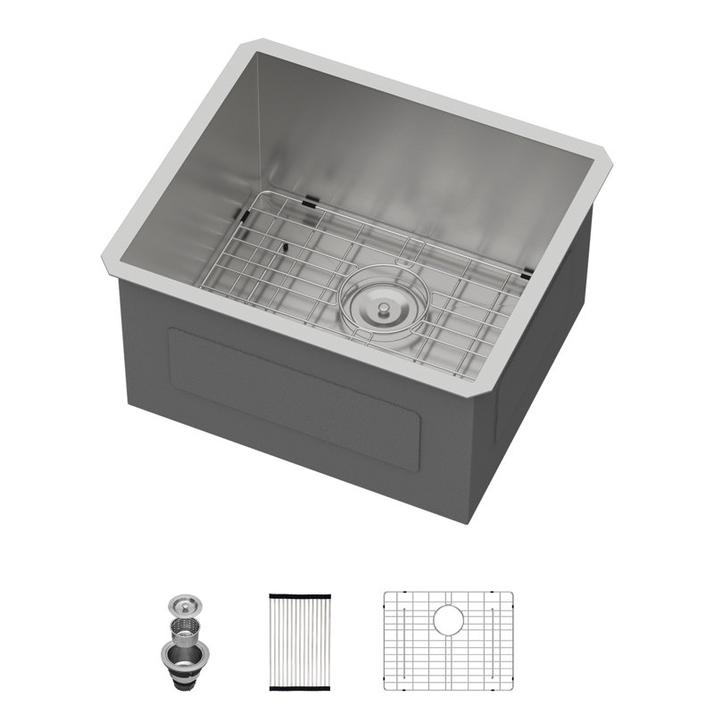 21" L x 18" W Undermount 16-Gauge Stainless Steel Laundry Sink with Sink Grid, Strainer and Roll-Up Rack