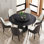 Table de salle à manger 59,05 po ronde en marbre avec base en fer noir, marbre artificiel pour 6 à 8 personnes, table tournante en pierre artificielle noire 31,5 po (avec 6 chaises)