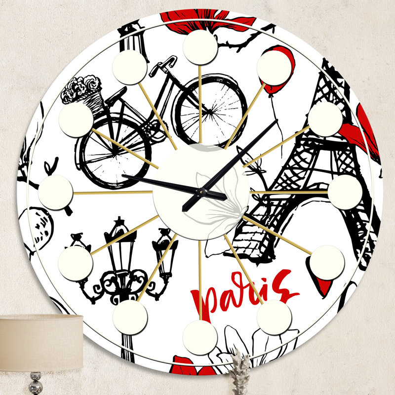 Horloge murale moderne Paris Eiffel Eiffel Hearts I - Mid-Century, Moyenne
