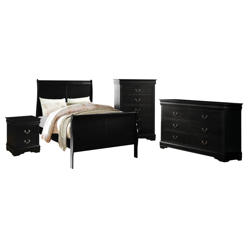 Ensemble de chambre à coucher Engstrom, Noir, Double, 3 pièces : 2 table de chevet, 1 lit