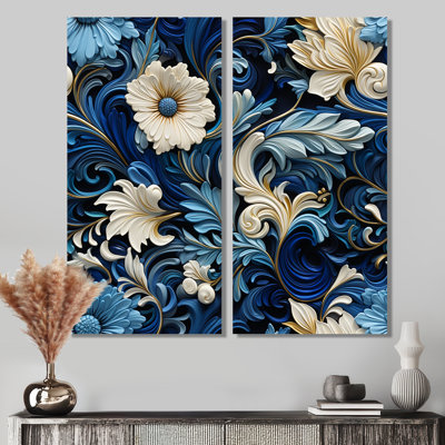 Cobalt Blue Scrollwork Swirls Victorian Pattern - Floral Floral Canvas Wall Art