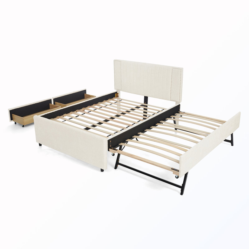 Lit double capitonné pleine grandeur avec tiroirs et lit gigogne escamotable, Full / Double, Beige