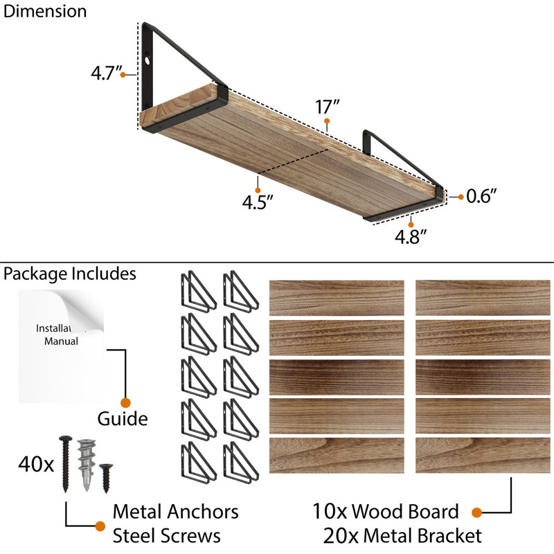 Floating Bookshelves for Wall Decor, Wooden Shelves for Living Room & Kitchen Decor, Special Finish Options, Burnt