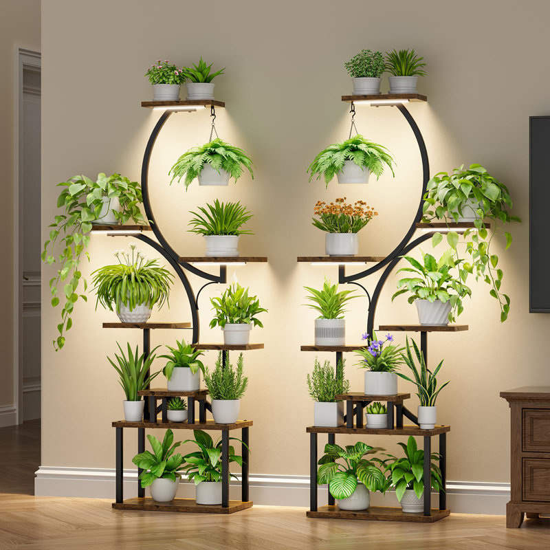 Support pour plante d'intérieur avec culture de lumière - Ensemble de 2 grandes tablettes d'intérieur pour plantes, support pour plante d'angle 62 po, grande tablette à multiples niveaux en forme de S pour la maison, le bureau