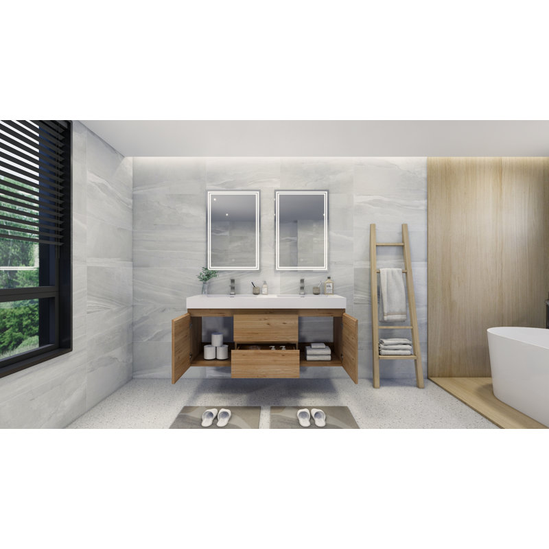 Mitul 58.75'' Double Bathroom Vanity with Acrylic Top, Natural Oak