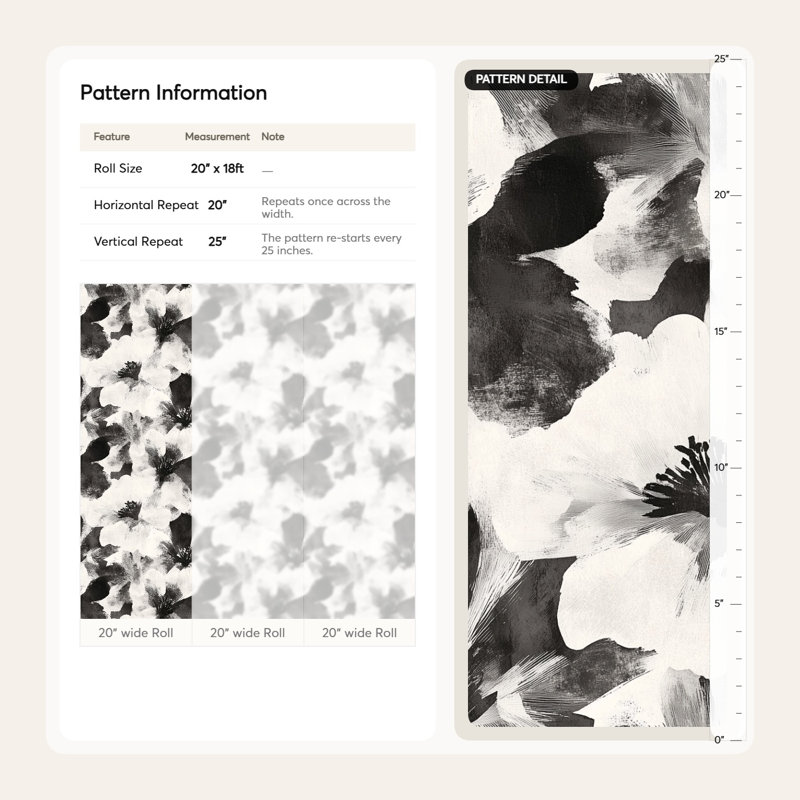 Papier peint floral noir et blanc | Murale moderne et monochrome | Rouleau pelez et collez