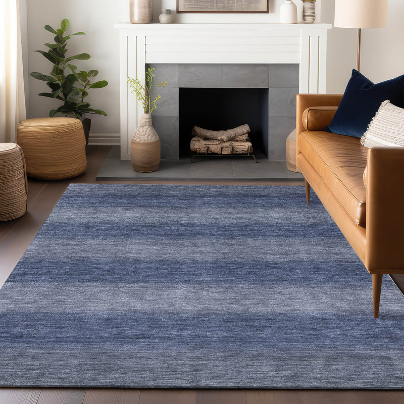 Blue Rectangular Washable Synthetic Striped Rug 3' x 5'