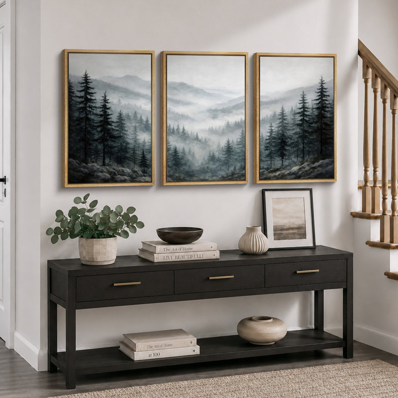 Misty Pine Mountain Landscape, 36" H x 72" W x 1.5" D, Natural Frame