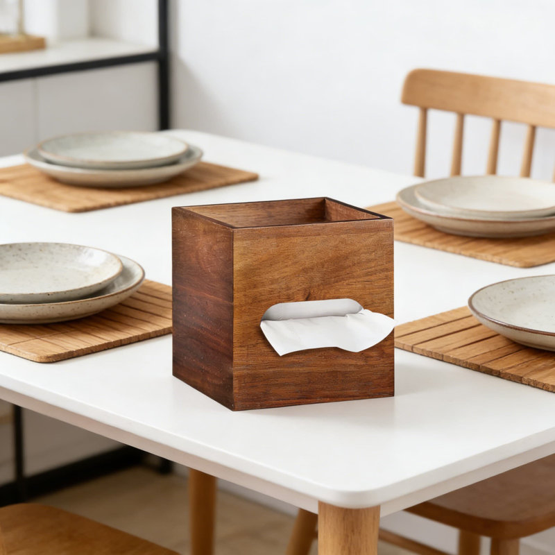 Couvercle de boîte à mouchoirs carrée en bois d'acacia avec plateau de rangement et base magnétique - Organisateur décoratif pour bureau à domicile Table de chevet