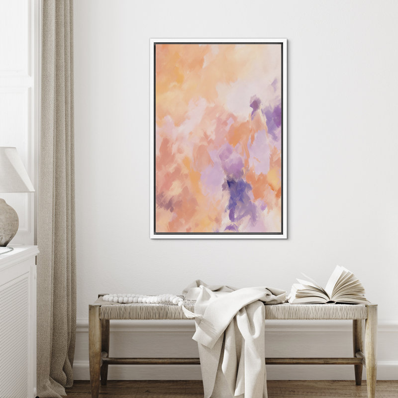«Peinture abstraite mauve et moderne, coups de pinceau, images encadrées du salon», Cadre blanc, H 36 po x l 24 po
