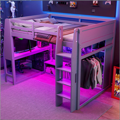 Wood Gaming Loft Bed With Desk, Multi-Storage Shelves, LED And A Hanging Clothes Rack
