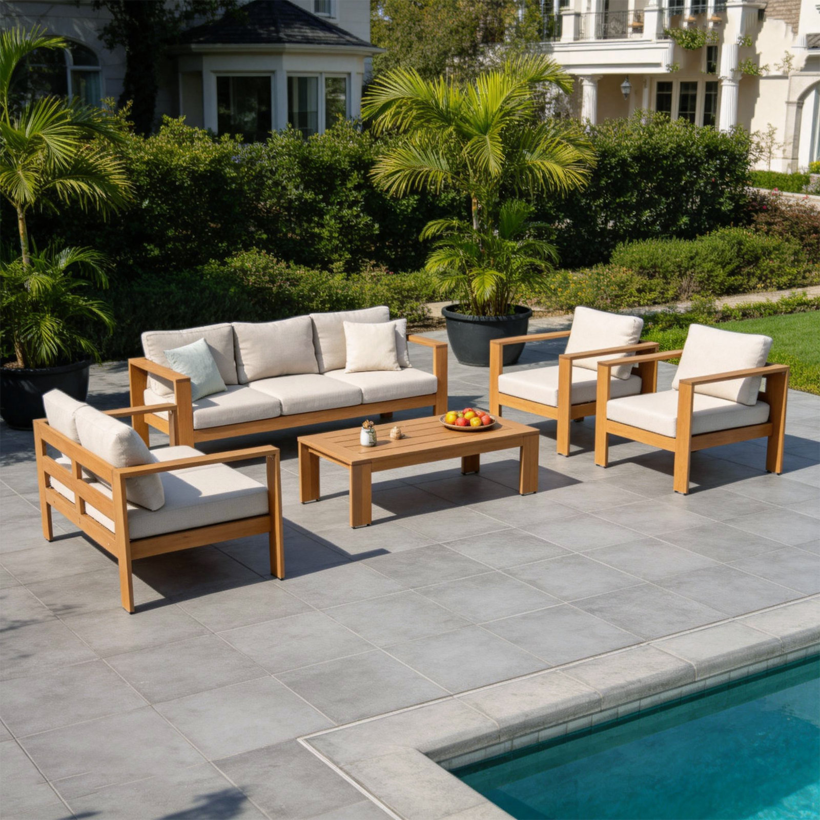 Naylor Eucalyptus Patio Seating Group, 5 Pcs: Table, Sofa, Loveseat, 2 Chairs