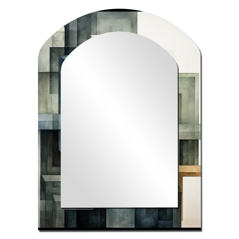 Indigo Illusion Abstract Shapes I - Abstract Shapes Asymmetrical Decorative Wall Mirror, Grey Arch Large Mirror, Printed Metal Art