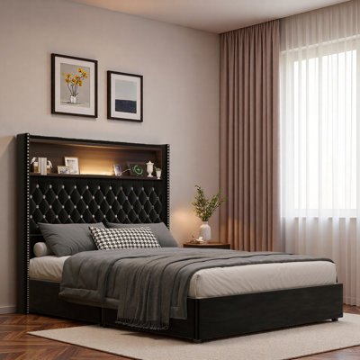 Velvet Tufted Bed With Usb Port, Night Light And Rivet High Headboard