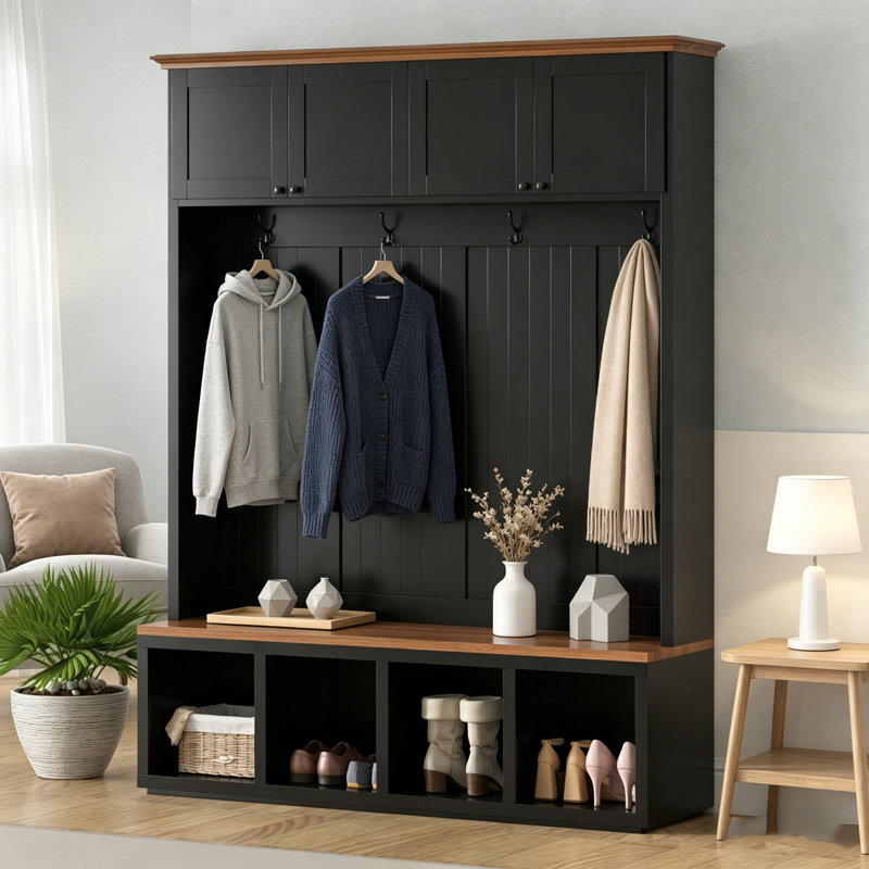 59''W 4-In-1 Farmhouse Hall Tree With Bench & Storage, Wood-Grain Accent, Cabinets, Coat Racks & Hooks For Entryway/Hallway/Living Room/Mudroom