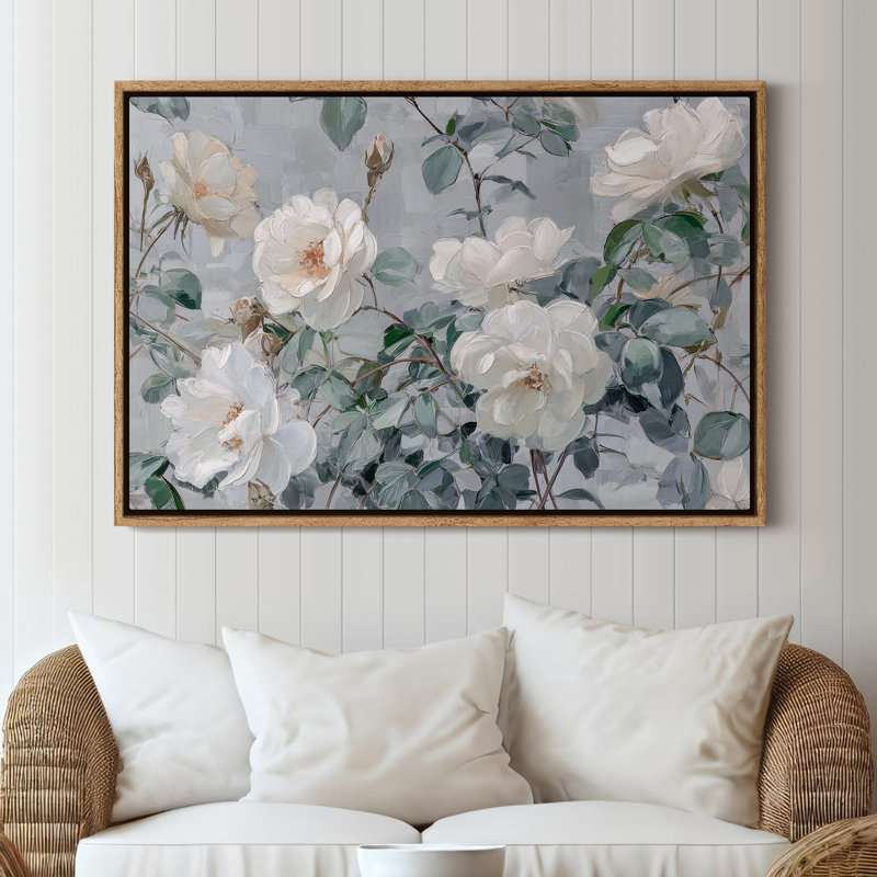 Art mural encadré sur toile - Arrangement floral rose blanche classique sur fond gris doux - 16 po x 24 po, 24 po x 36 po