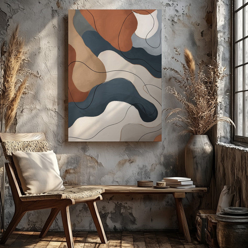 La toile crée une composition abstraite mettant en vedette un mélange harmonieux de formes et de courbes murales organiques rendues sur une toile chaleureuse terreuse