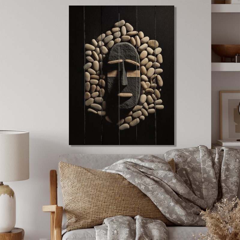 Impression de masque tribal africain noir et blanc II sur bois naturel, H 20 po x l 10 po x P 0,78 po