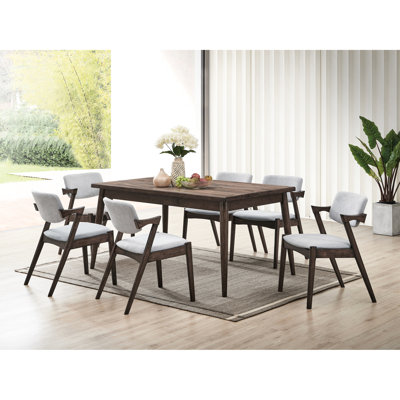 Transitional 7pc Dining - Ash Walnut Finish Table & 6 Side Chairs With Foam Cushioned Modern Rectangular