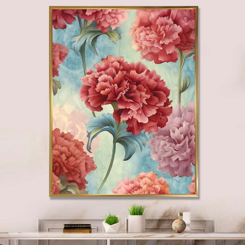 Harmonie des œillets rouges sur toile, H 40 po x l 30 po x P 1,5 po, Cadre flottant doré