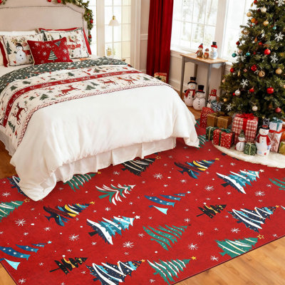 Tapis de Noël lavable et antidérapant, à poils courts, doux et orné d'un sapin de Noël, pour salon, chambre ou salle à manger - Rouge - 244 x 305 cm (8 x 10 pi) - Fabriqué aux États-Unis