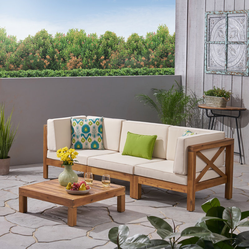 3 - Person Patio Conversation Set with Cushions, Teak Frame / Beige Cushion