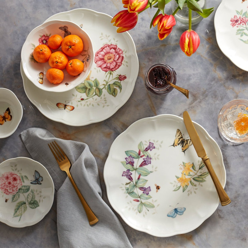 Lenox Butterfly Meadow Porcelain 28-Piece Dinnerware Set, Dishwasher Safe, White