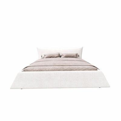 Queen Size Upholstered Platform Bed with Special Shaped Velvet  Headboard, Metal & Solid Wood Frame,Beige/White