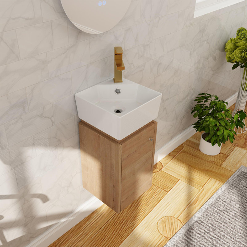 Rossendale 12" Wall-Mounted Single Bathroom Vanity Set, Small Floating Bathroom Vanity with Ceramic Basin Sink Top, 1 Door