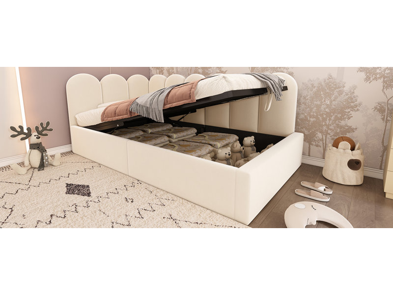 Elegant Beige Velvet Upholstered Sofa Bed With Footstool And Hydraulic Storage, Metal Slatted Frame, Suitable For Both Adults And Children; Mattress Not Included