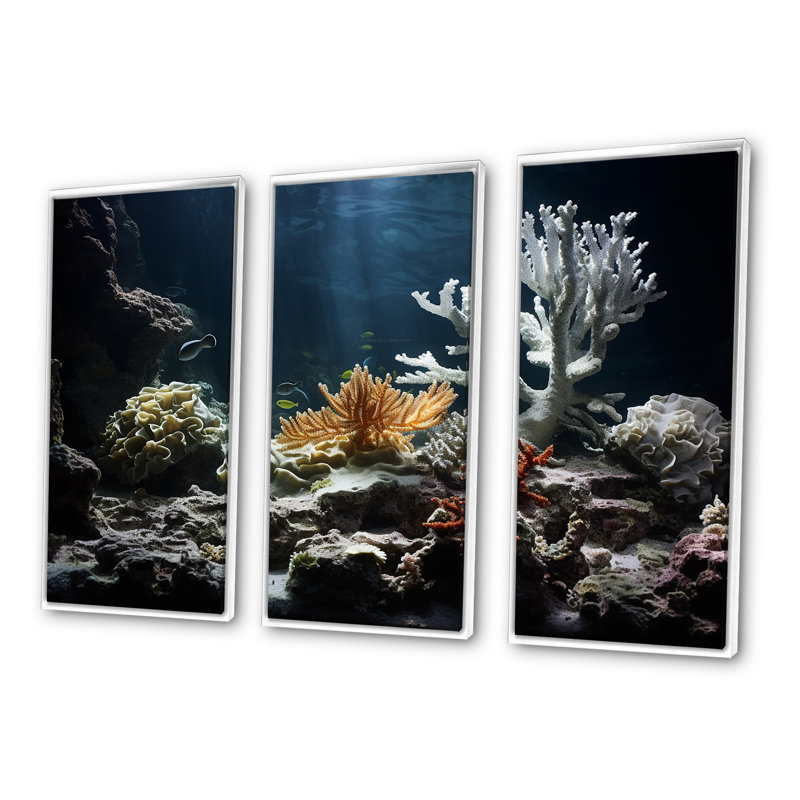 «Deep Light On», ensemble d'art mural corail sous l'eau, H 28 po x l 36 po x P 1 po, Cadre flottant blanc