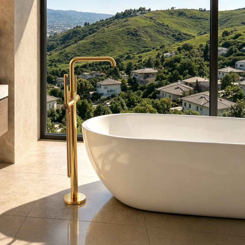 Single Handle Freestanding Tub Filler with Diverter, Brushed Gold