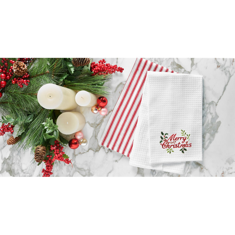 "Merry Christmas" Holly Branches Embroidered 100% Cotton Waffle Weave Dishtowel