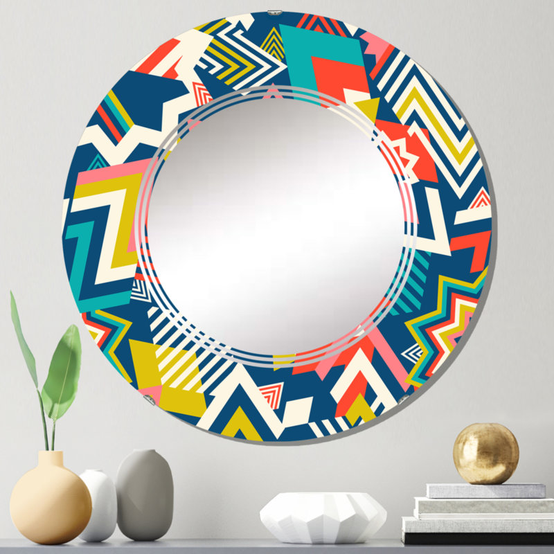Éléments géométriques rétro multicolores I - miroir mural à motif rond, 24 po x 24 po