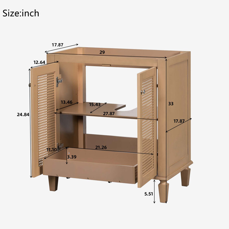 30 Inch Light Brown Wood Freestanding Bathroom Vanity with Cane Doors
