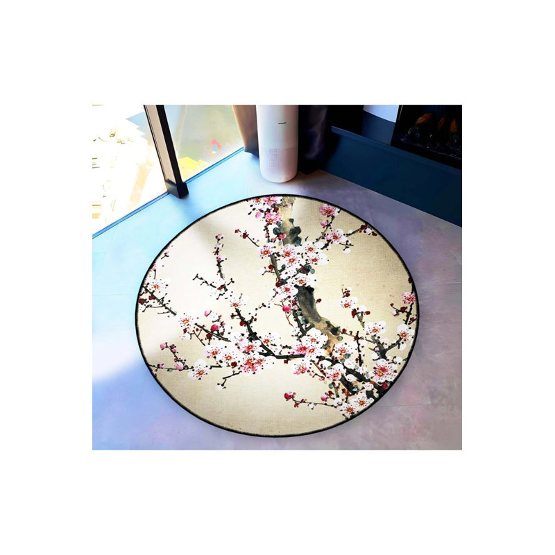 Gray Theme Tree Branch And Peach Blossom Patterned Round Woven Base Modern Decorative Carpet, Round 4'