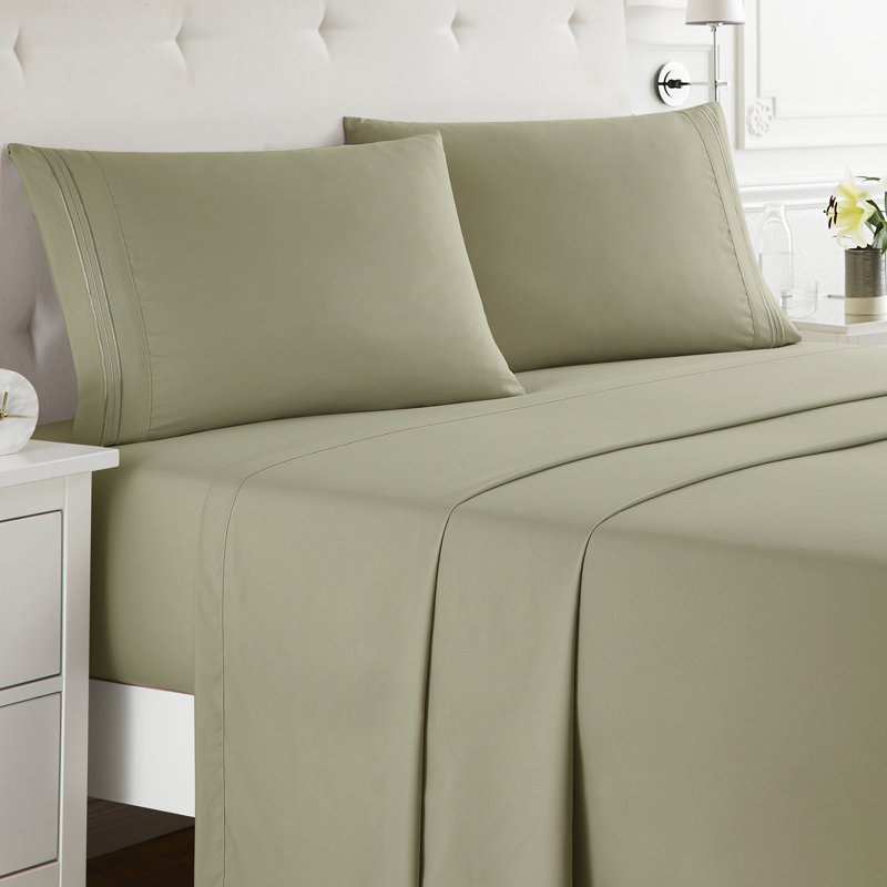  Ensemble de draps double brossé de luxe pour hôtel avec draps et taies d'oreiller très doux, Vert olive sauge, Double XL