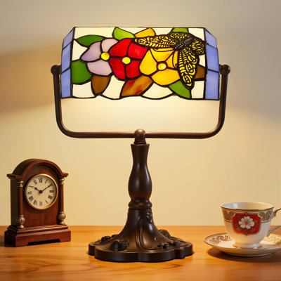 Tiffany Style Flower Butterfly Stained Glass Banker’S Table Lamp, E26 base（bulb including）,In-Line On/Off Switch