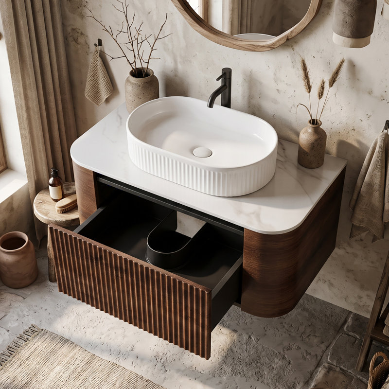 Meuble-lavabo mural simple 30 po avec plateau en marbre, Noyer