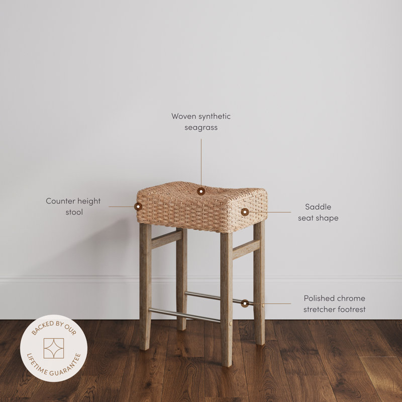 Harvey Rattan Bar Stool, Bohemian Counter Height Stool With Woven Seagrass Seat, Solid Wood Legs, And Metal Footrest Seagrass
