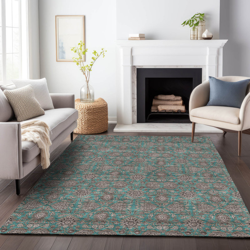Premium Machine Washable Prisco Teal Rug, Rectangle 5' x 7'6"
