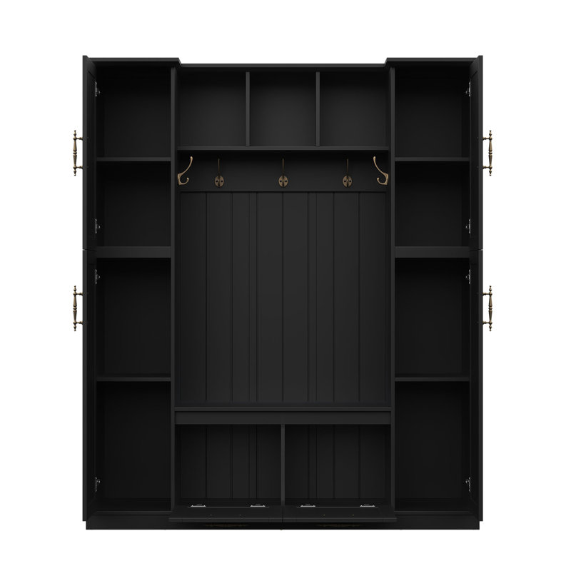 ON-TREND Farmhouse Elegant Hall Tree With 4 Side Cabinets, Black