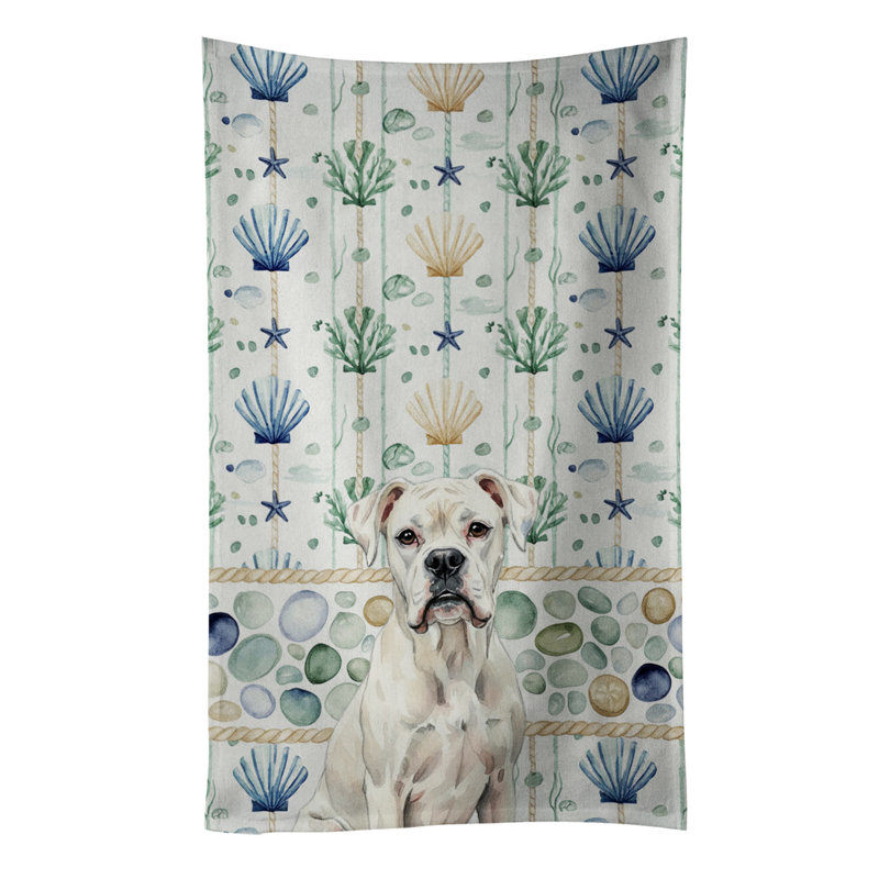 White Boxer Coastal Sea Glass Kitchen Towel, White Boxer