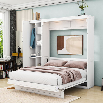 Lit escamotable mural Murphy avec tablettes intégrées, garde-robe et éclairage DEL