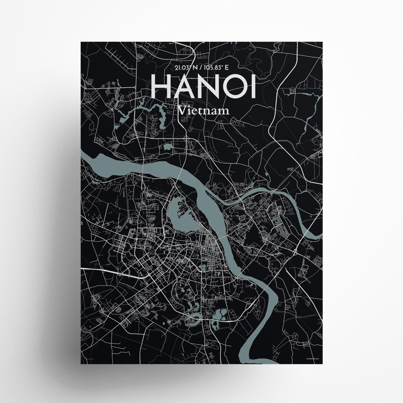 Hanoi, carte de la ville, impression, Gris/noir, H 24 po x l 18 po
