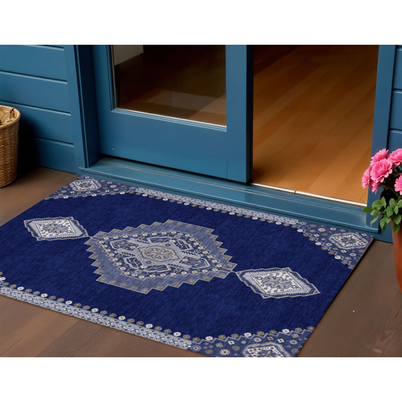 3' X 5' Navy Blue Gray And Brown Oriental Washable Indoor Outdoor Area Rug
