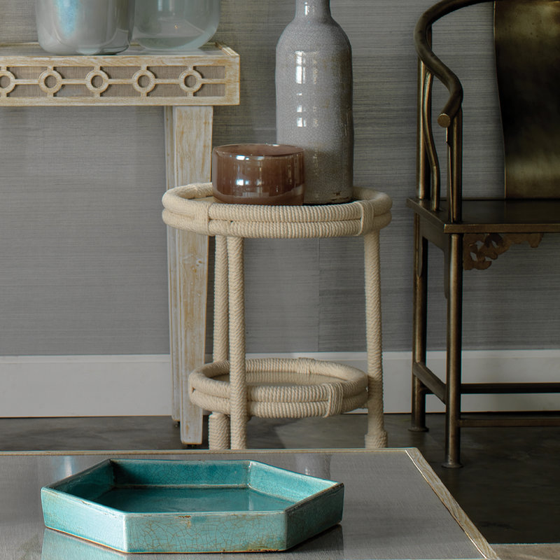 Round Off-White Rope and Glass Side Table